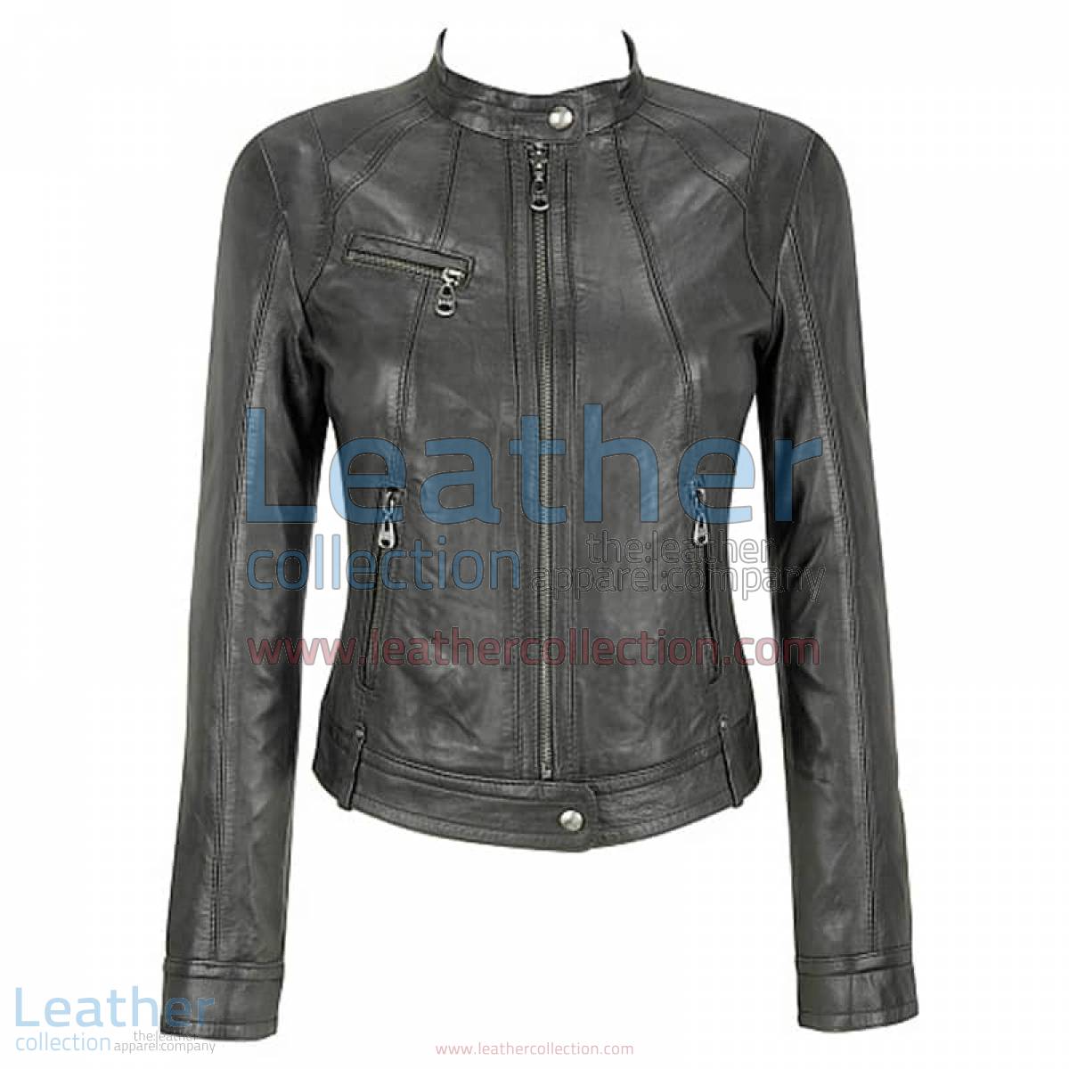 Banded Collar Washed Leather Scuba Jacket in Gray | washed leather jacket,leather scuba jacket