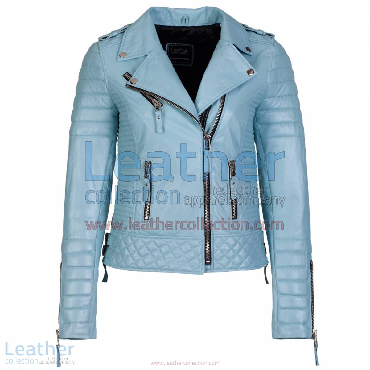 Biker Womens Leather Quilted Jacket Sky Blue | leather quilted jacket,womens leather quilted jacket