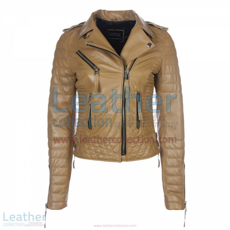 Biker Womens Camel Quilted Leather Jacket | camel quilted jacket,quilted leather jacket