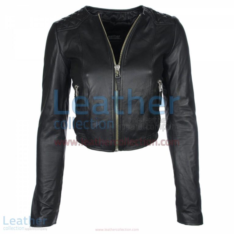 Ladies Short & Collarless Leather Jacket | collarless leather jacket,ladies collarless jacket