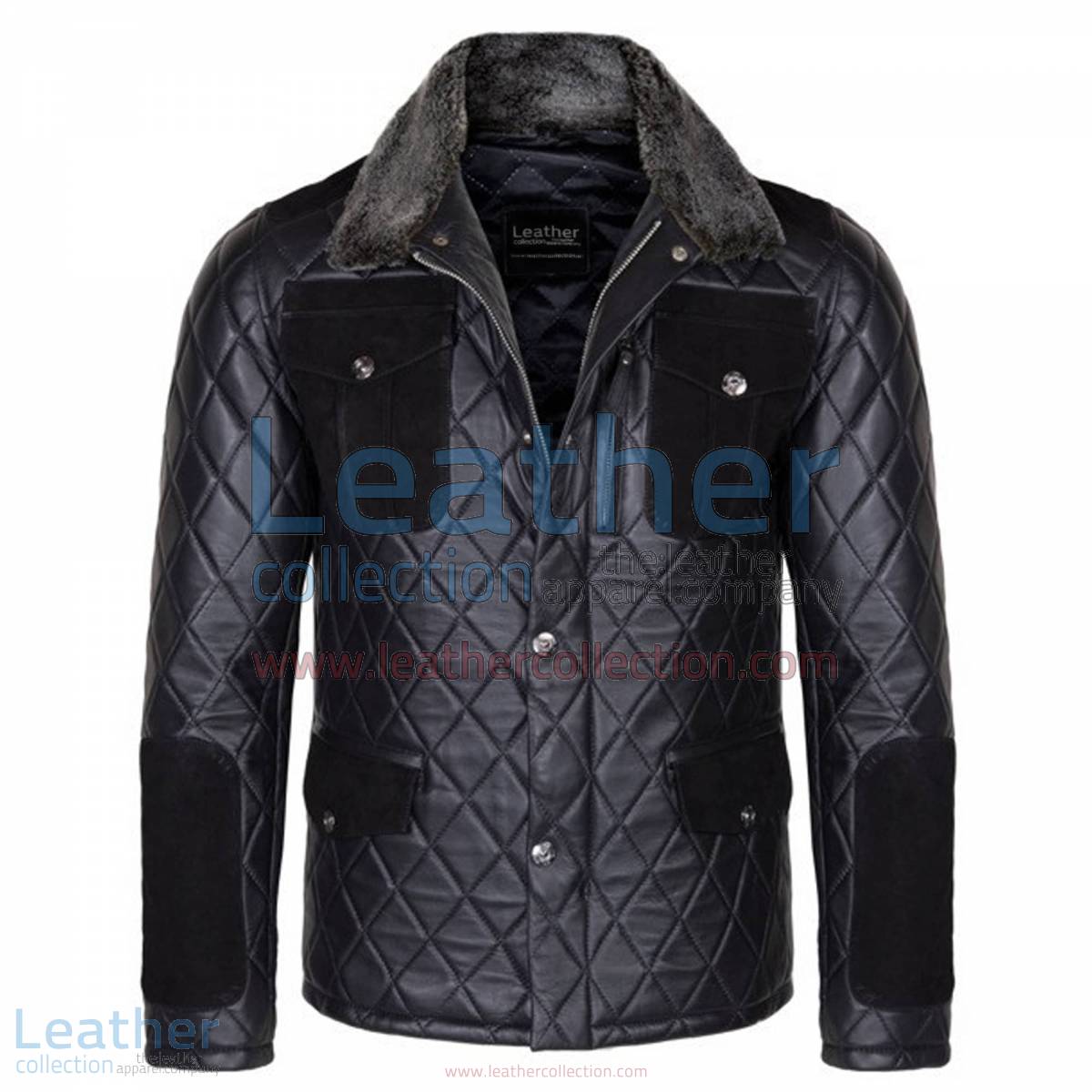 Diamond Leather Jacket with Fur Collar & Flapped Pockets | diamond jacket,jacket with fur collar