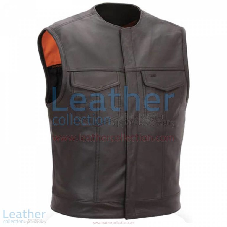 Men Leather Vest with Concealed Snap Front Closure | men vest,men leather vest