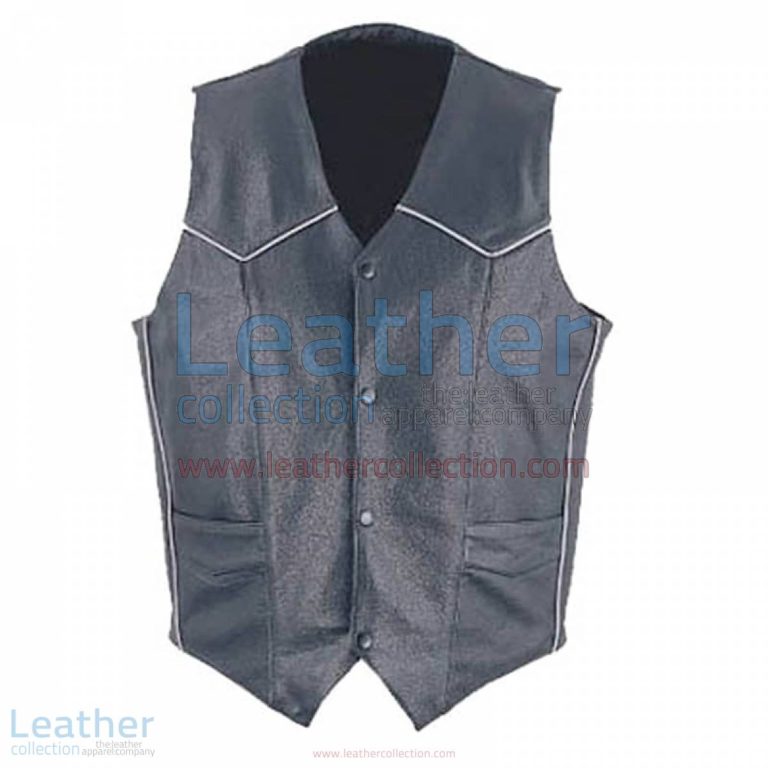 Mens Classic Leather White Piping Vest | classic vest,mens leather vest