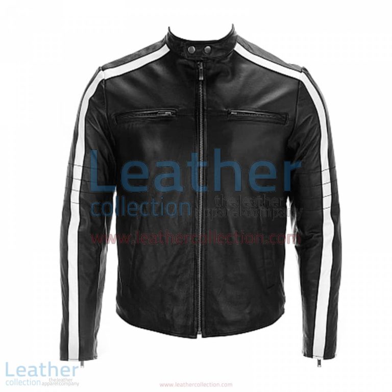 Semi Moto Leather Jacket With Stripes on Sleeves | jacket with stripes,leather jacket with stripes