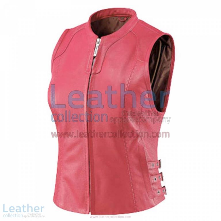 Women Pink Classic Leather Vest | womens pink vest,pink leather vest