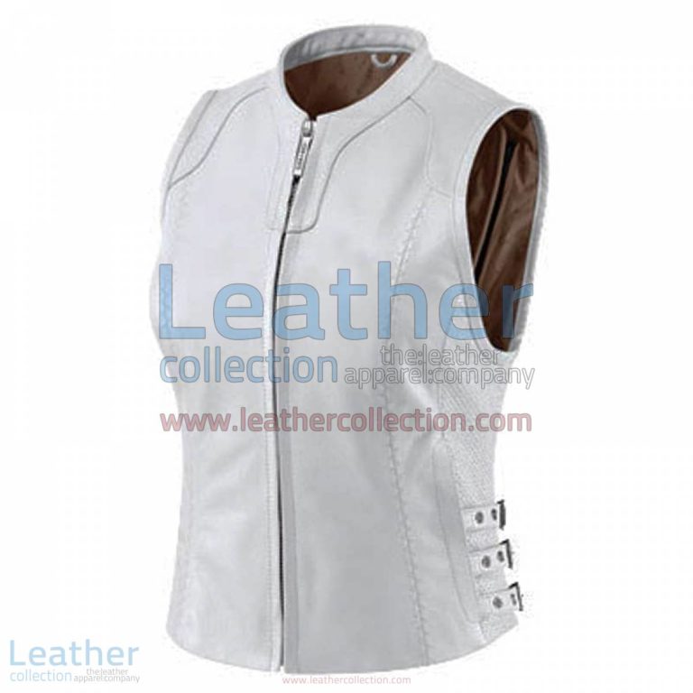 Womens White Classic Leather Vest | womens white vest,white leather vest