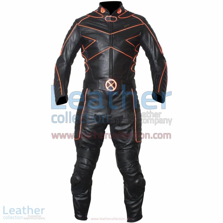 X-MEN Motorcycle Racing Leather Suit with Orange Piping | Motorcycle racing suit,X-MEN suit