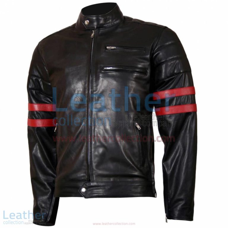 X-Men Wolverine Black with Red Strips Biker Leather Jacket | wolverine leather jacket,x-men jacket