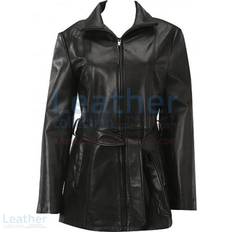 Belted Front Zipper Leather Fashion Coat –  Coat