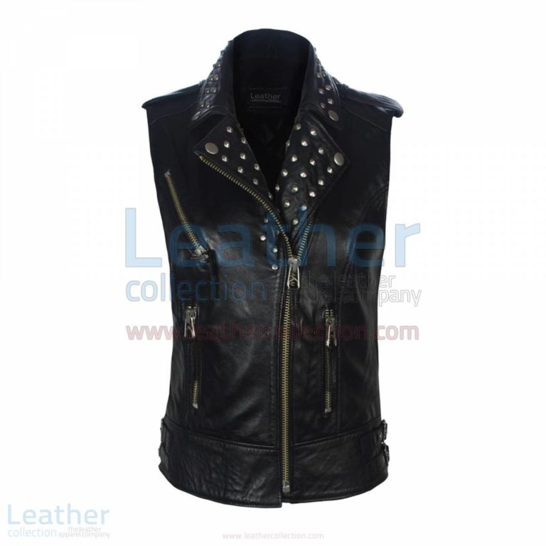 Biker Ladies Leather Studded Collar Vest –  Vest