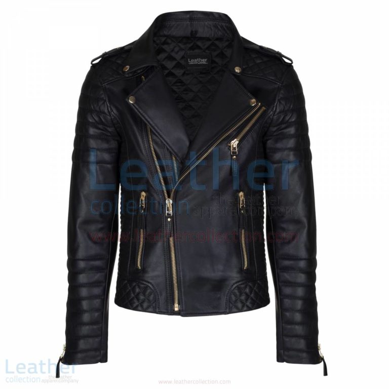 Quilted Mens Black Leather Biker Jacket with Golden Hardware –  Jacket