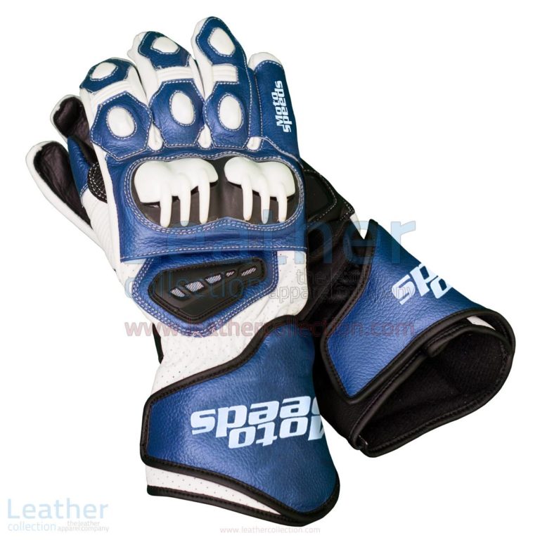 Blue & White Leather Biker Gloves –  Gloves