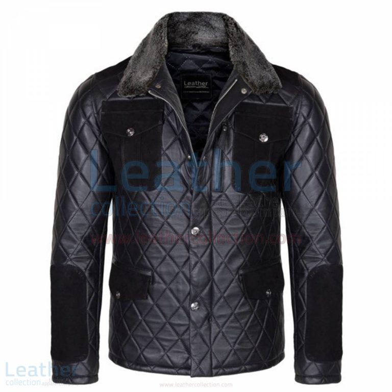 Diamond Leather Jacket with Fur Collar & Flapped Pockets –  Jacket