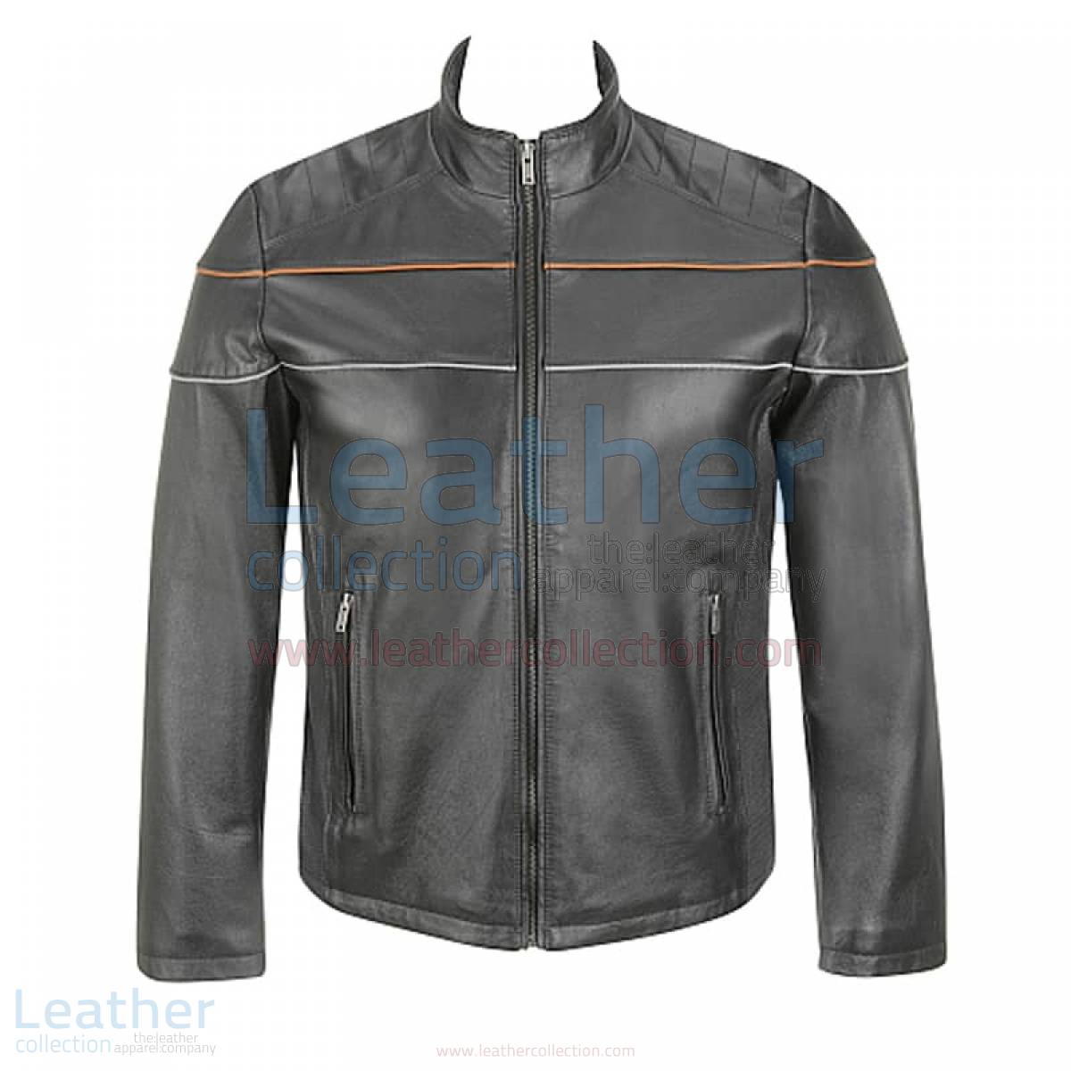 Black Leather Moto Jacket with Piping on Chest –  Jacket