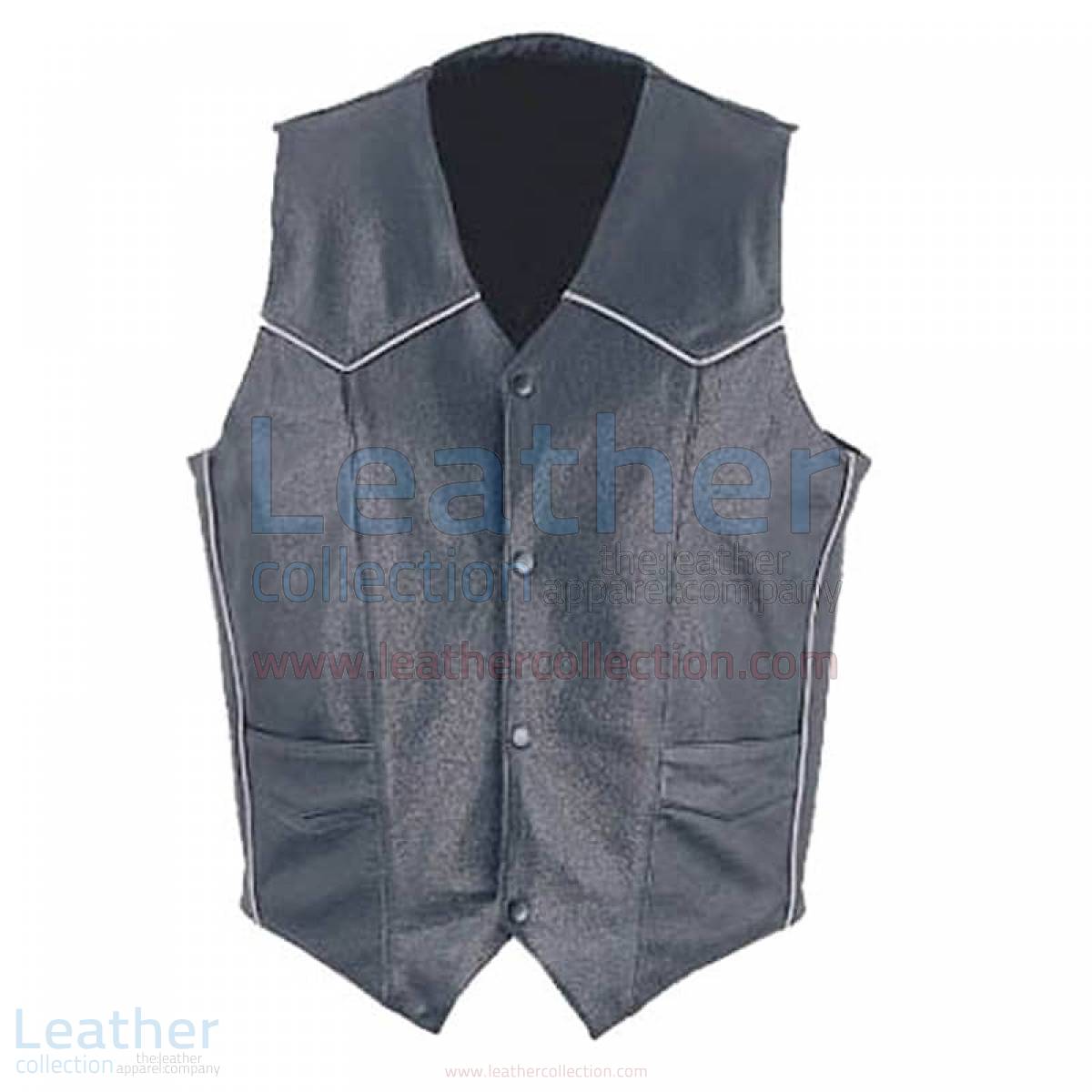Mens Classic Leather White Piping Vest –  Vest