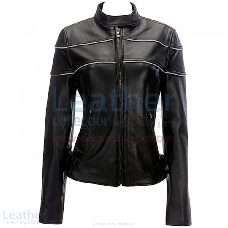Reflective Piping Womens Leather Biker Jacket Black –  Jacket