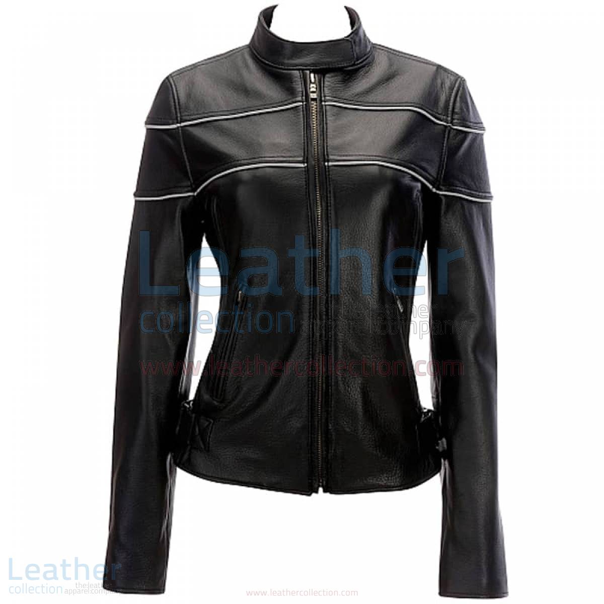 Reflective Piping Womens Leather Biker Jacket Black