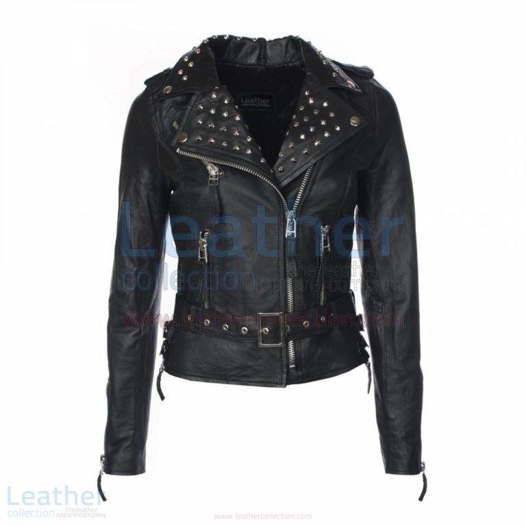 Womens Studded Collar Biker Leather Jacket –  Jacket