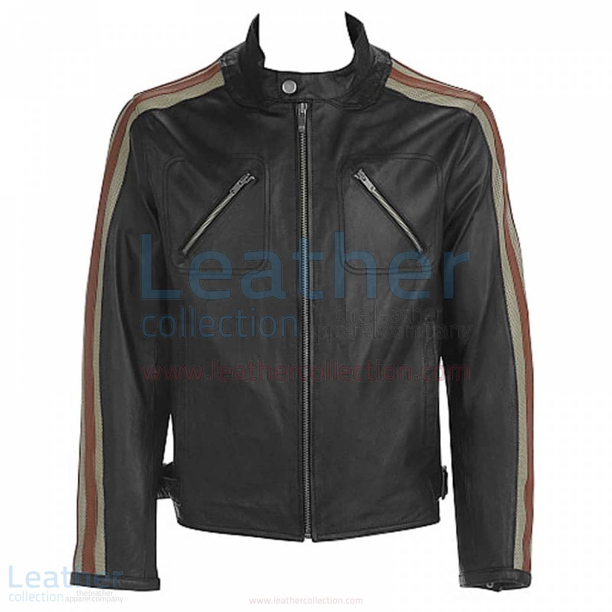LEATHER BIKER JACKET WITH STRIPES ON SLEEVES