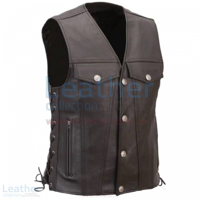 MENS LEATHER MOTORCYCLE VEST WITH BUFFALO NICKEL SNAPS