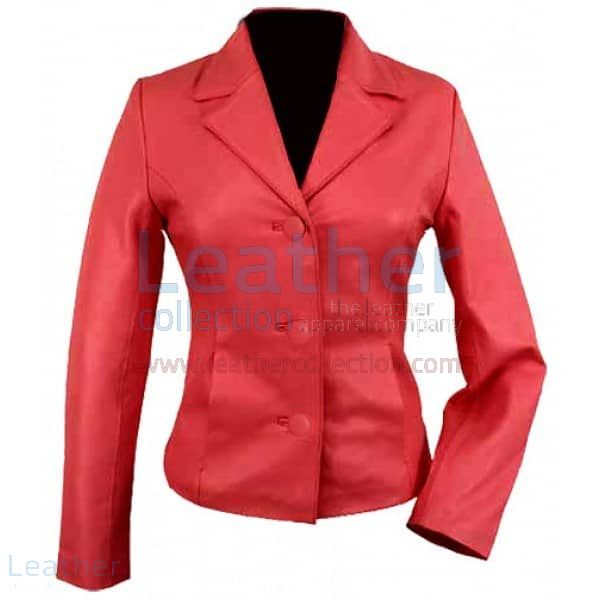 Customize 3 Button Red Short Ladies Leather Blazer for $220.00
