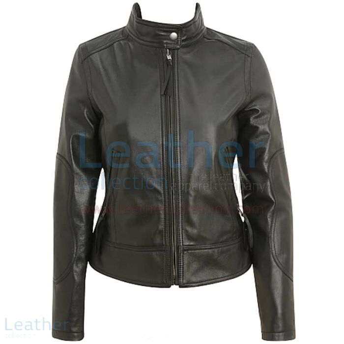 Order Now Band Collar Black Women’s Leather Motorcycle Jacket for $220