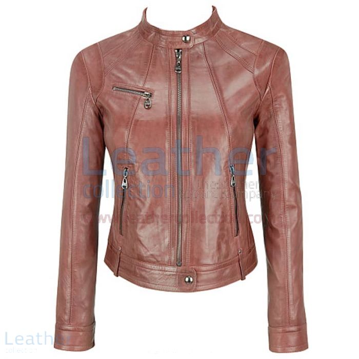 Offering Banded Collar Washed Leather Scuba Jacket in Brown for $220.0