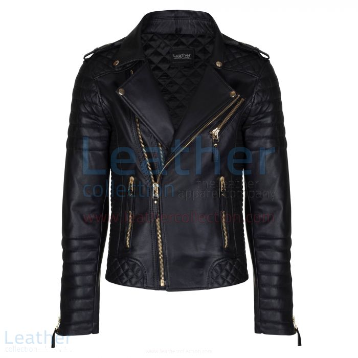 Grab Online Quilted Mens Black Leather Biker Jacket with Golden Hardwa