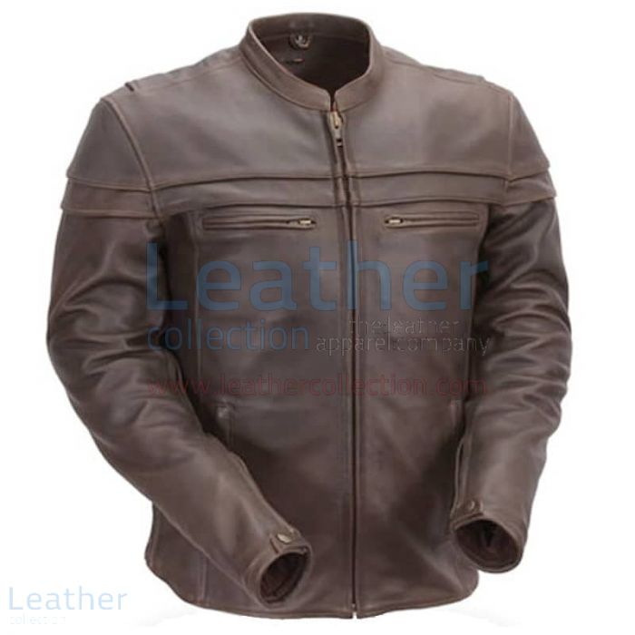 Claim Now Brown Mandarin Collar Biker Leather Jacket for $220.00