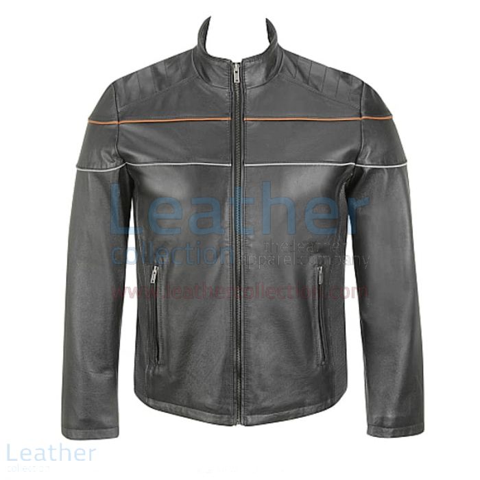Claim Black Leather Moto Jacket with Piping on Chest for $210.00