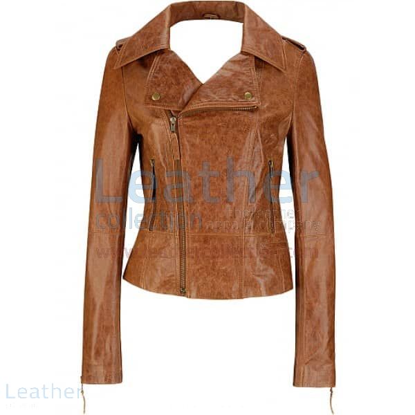 Short Body Distressed Leather Jacket front view