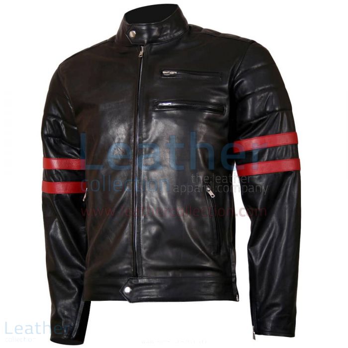 Shop Now X-Men Wolverine Black with Red Strips Biker Leather Jacket fo